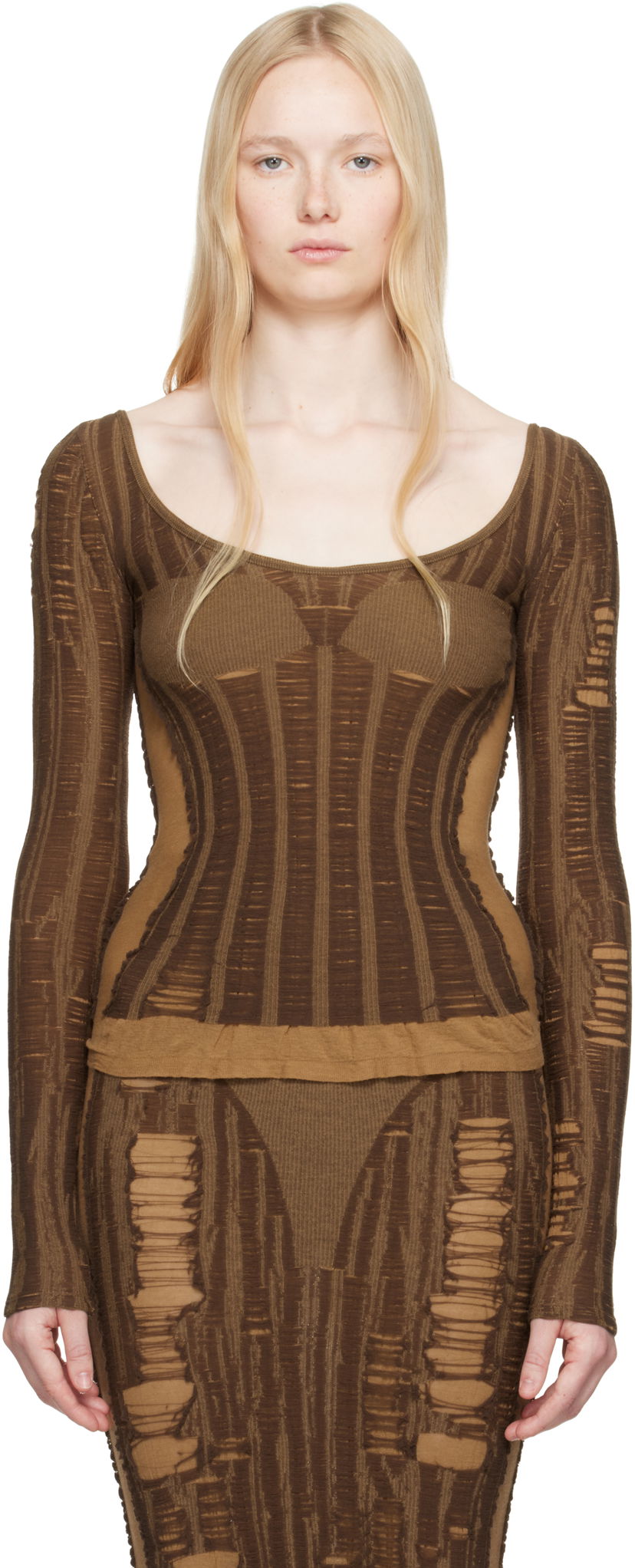 Kjole Diesel Diesel M-Calai Distressed Ribbed Knit Top Brun | A19218 0BJBI