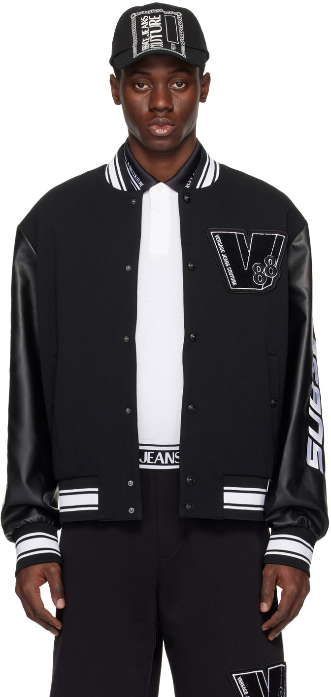 Bomberjakke Versace Jeans Couture Black Patch Faux-Leather Bomber Jacket Sort | E76GAS424_ECND03, 0