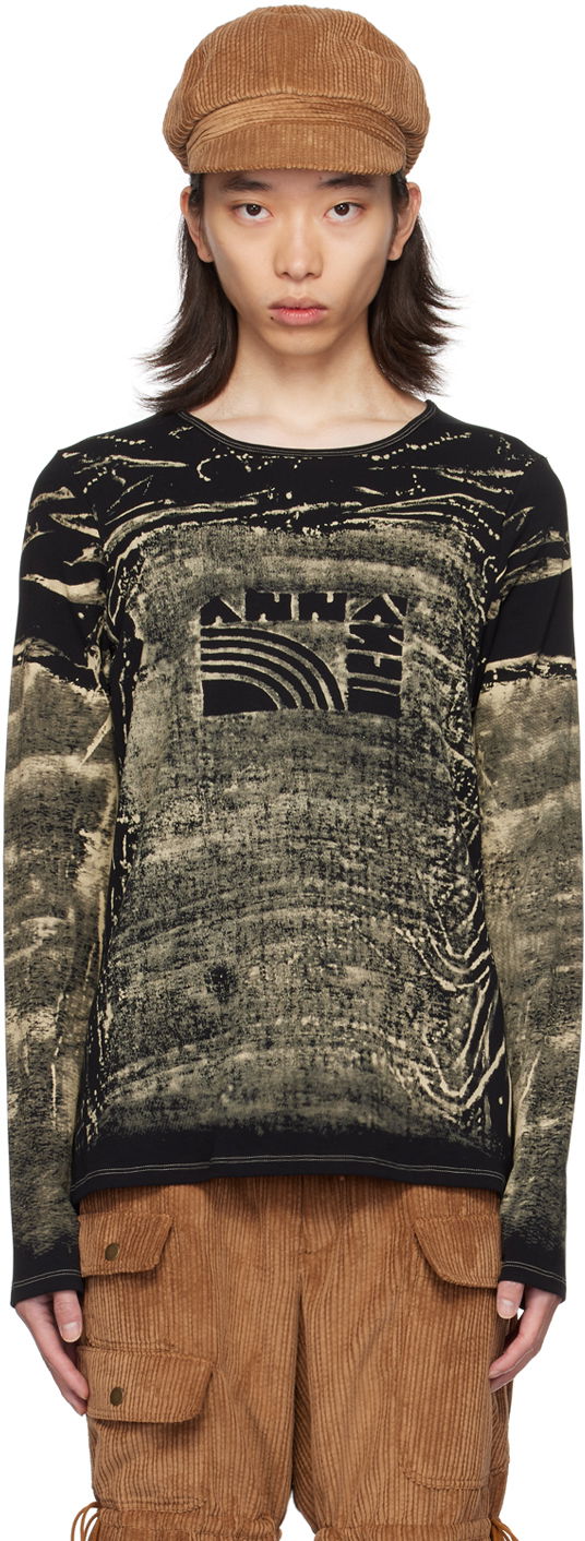 T-shirt Anna Sui Exclusive Black & Beige Graphic Long Sleeve T-Shirt Sort | MT624A1