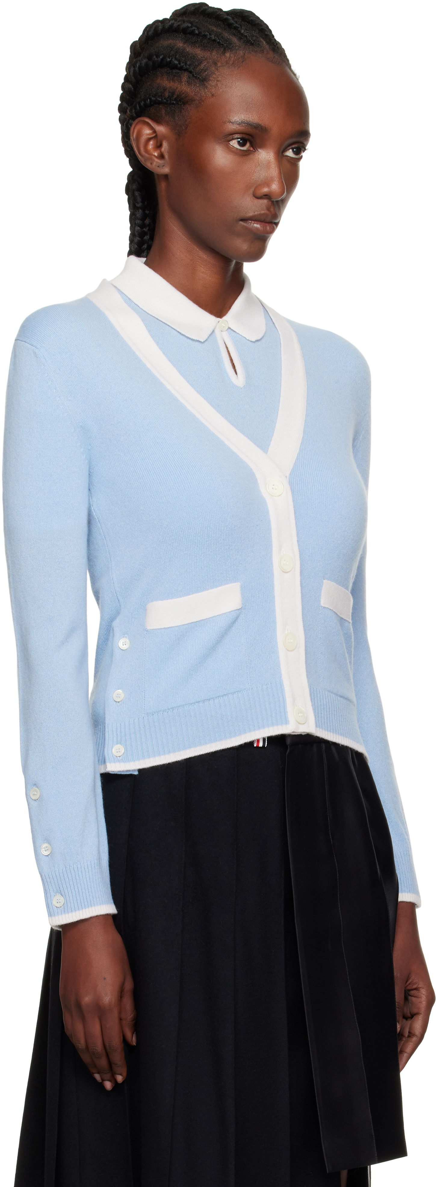 Sweater Thom Browne Thom Browne Jersey Stitch Cashmere V-Neck Cardigan Blå | FKC581A-Y2001, 1