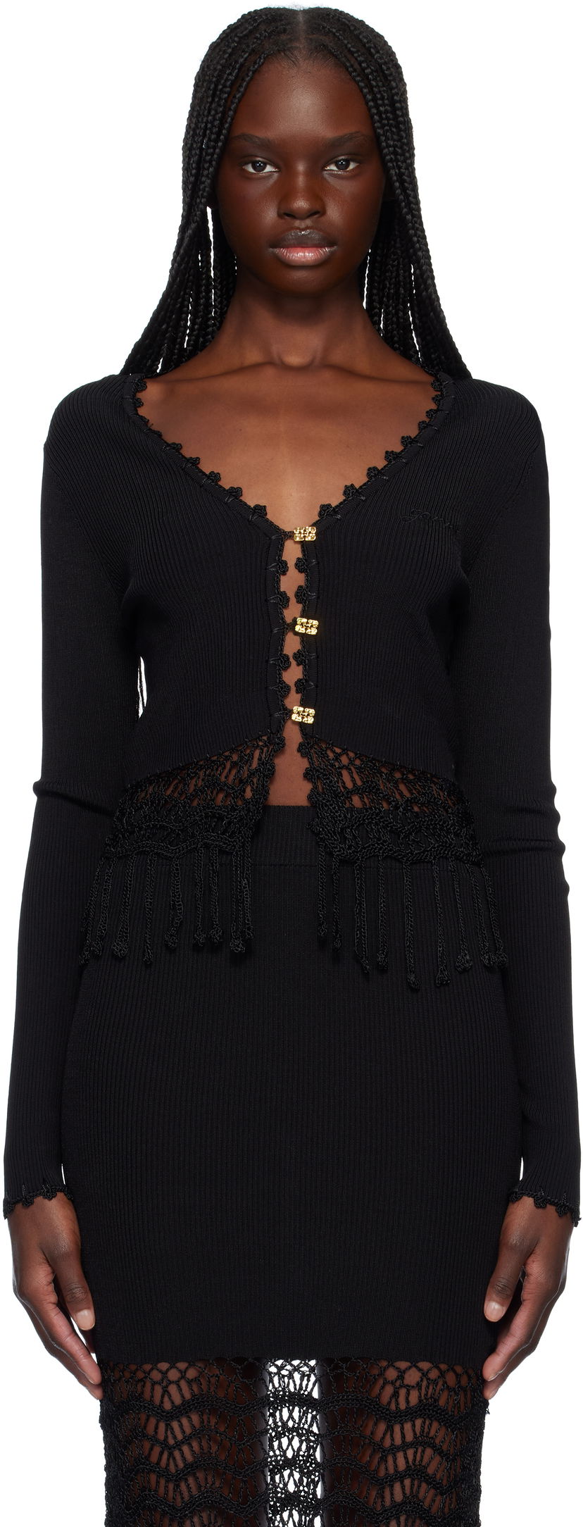 Sweater GANNI Ganni Shiny Viscose Crochet Cardigan Sort | K2433