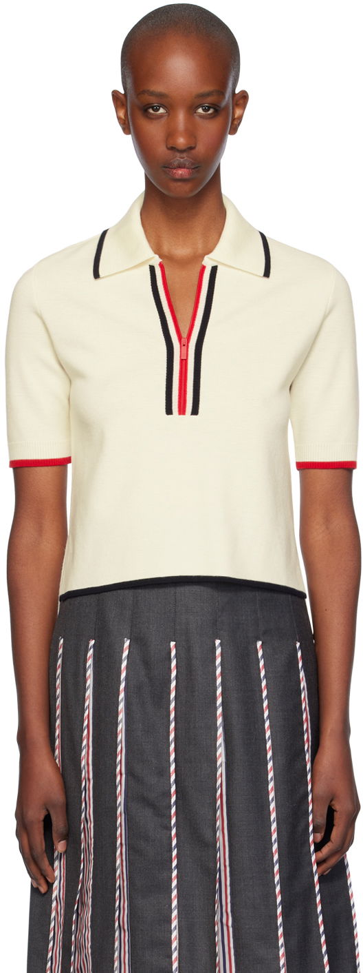 Polo skjorte Thom Browne Thom Browne Wool Zip Polo Hvid | FKP109B-Y1037, 0