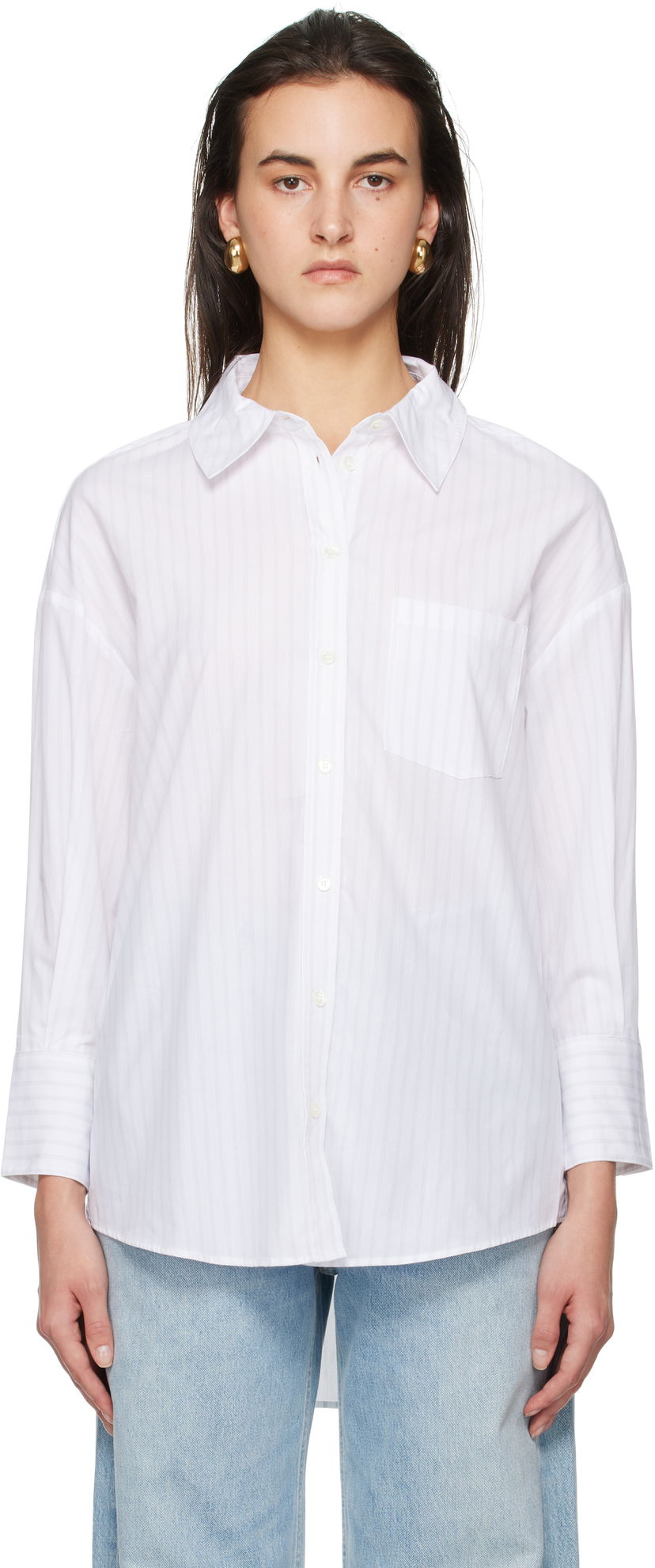 Skjorte Anine Bing Striped Oversized Cotton Shirt Hvid | A-07-10543-MTL31
