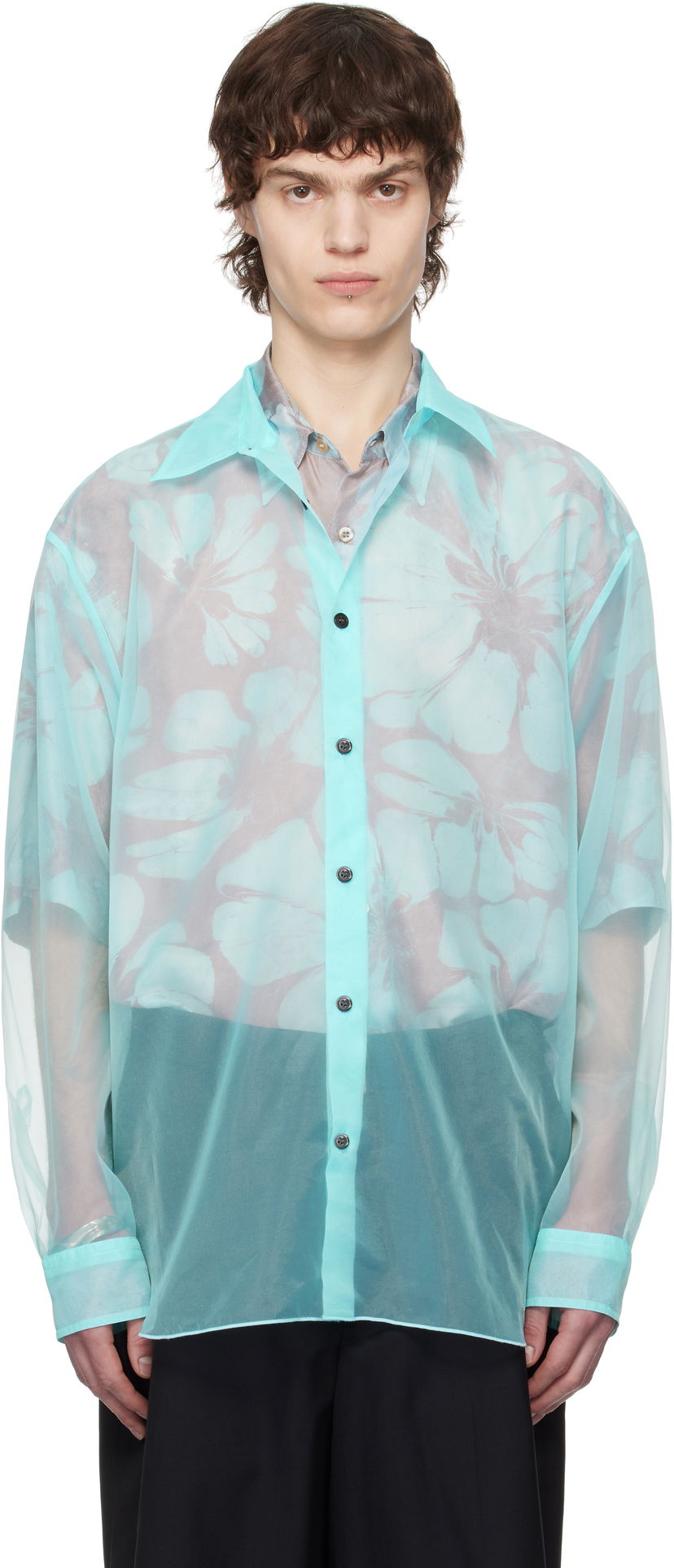 Skjorte Dries Van Noten Dries Van Noten Organza Floral-Print Shirt Turkis | 251-020732-1501