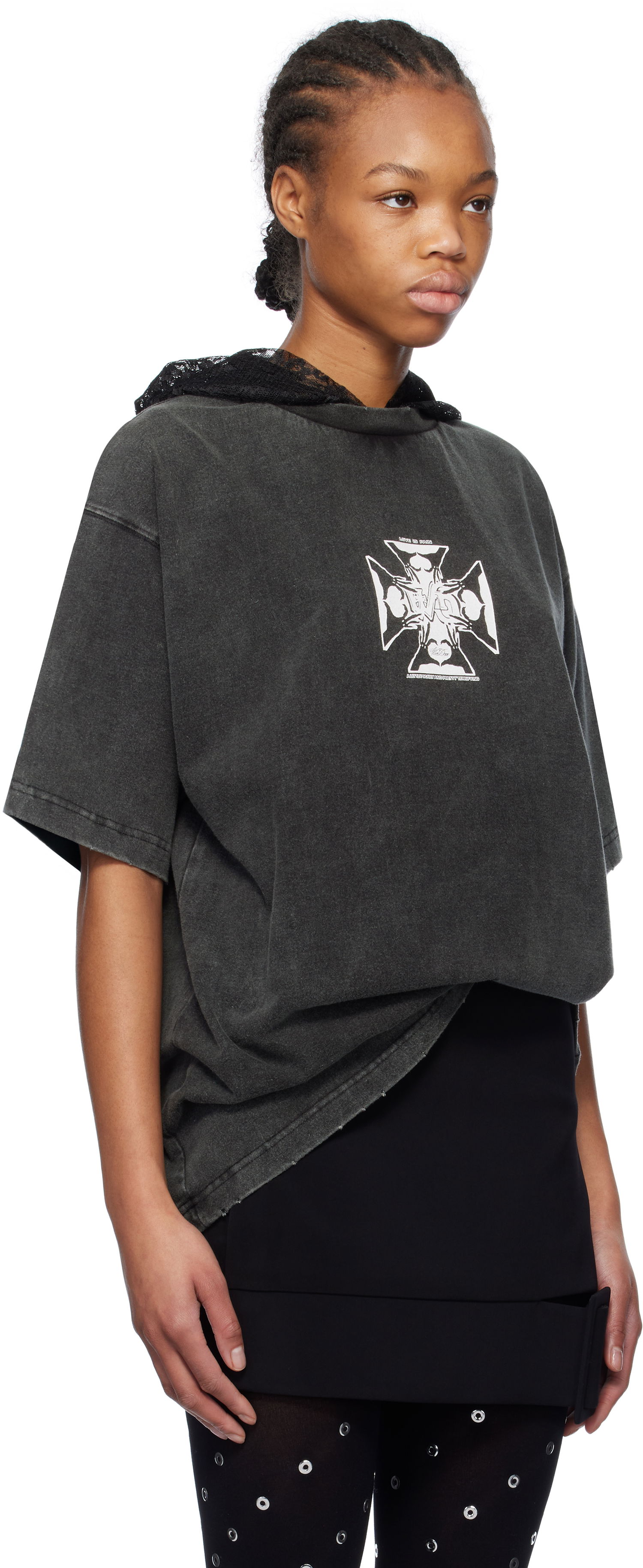 T-shirt We11done We11done Heart Cross Graphic Hooded T-Shirt Grå | WD-TH0-25-842-U-BK, 1