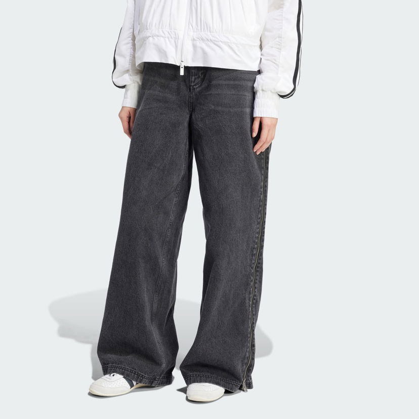 Jeans adidas Performance Adilenium Season 3 Zip Washed Denim Wide Leg Pants Sort | JX9211