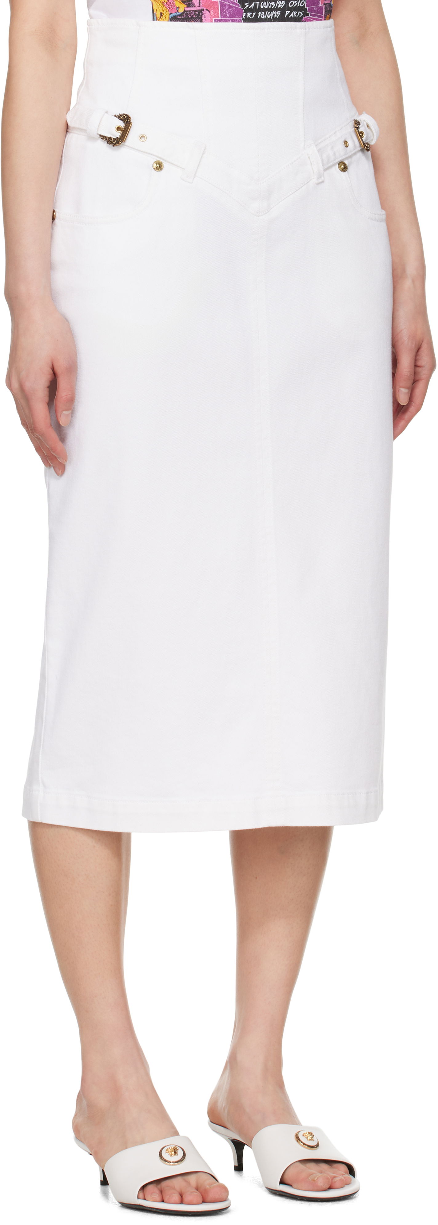 Nederdel Versace Versace Jeans Couture Baroque Buckle Denim Midi Skirt Hvid | E78HAE85E_EEW015TC2, 1