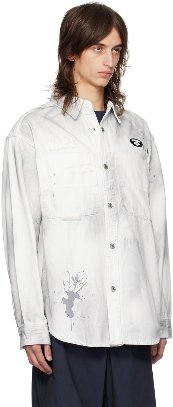 Skjorte AAPE by A Bathing Ape AAPE by A Bathing Ape Embroidered Denim Shirt Hvid | AAPSTM8480XXMWHB, 1