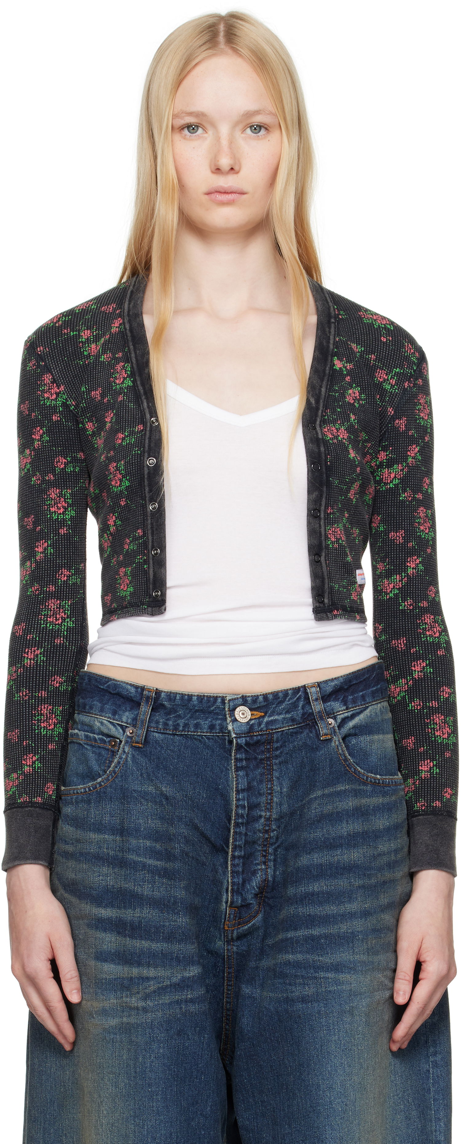Sweater Alexander Wang Alexander Wang Floral-Print Waffle Knit Cropped Cardigan Sort | 8C4245810P, 0